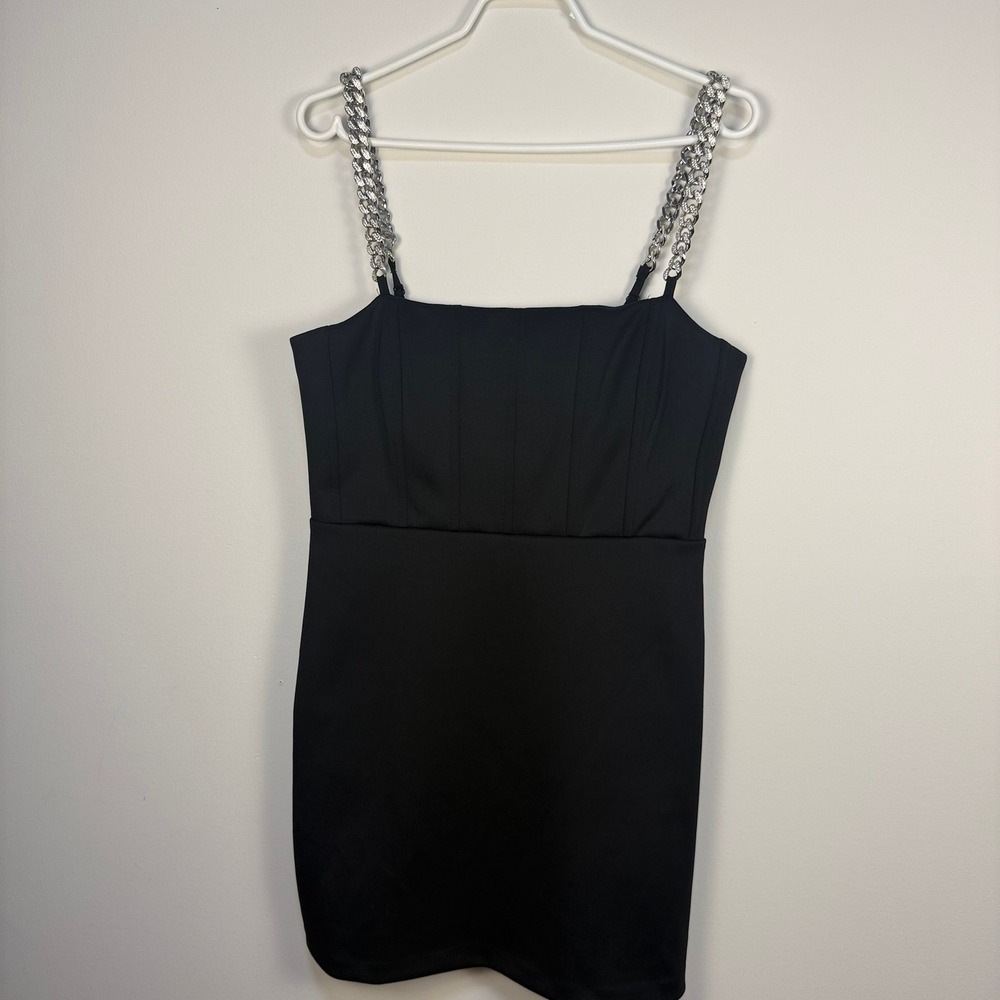 Guess Black‎ Mini Dress Rhinestone Chain Straps Bodycon W3BK38 K9UN2 Size 10